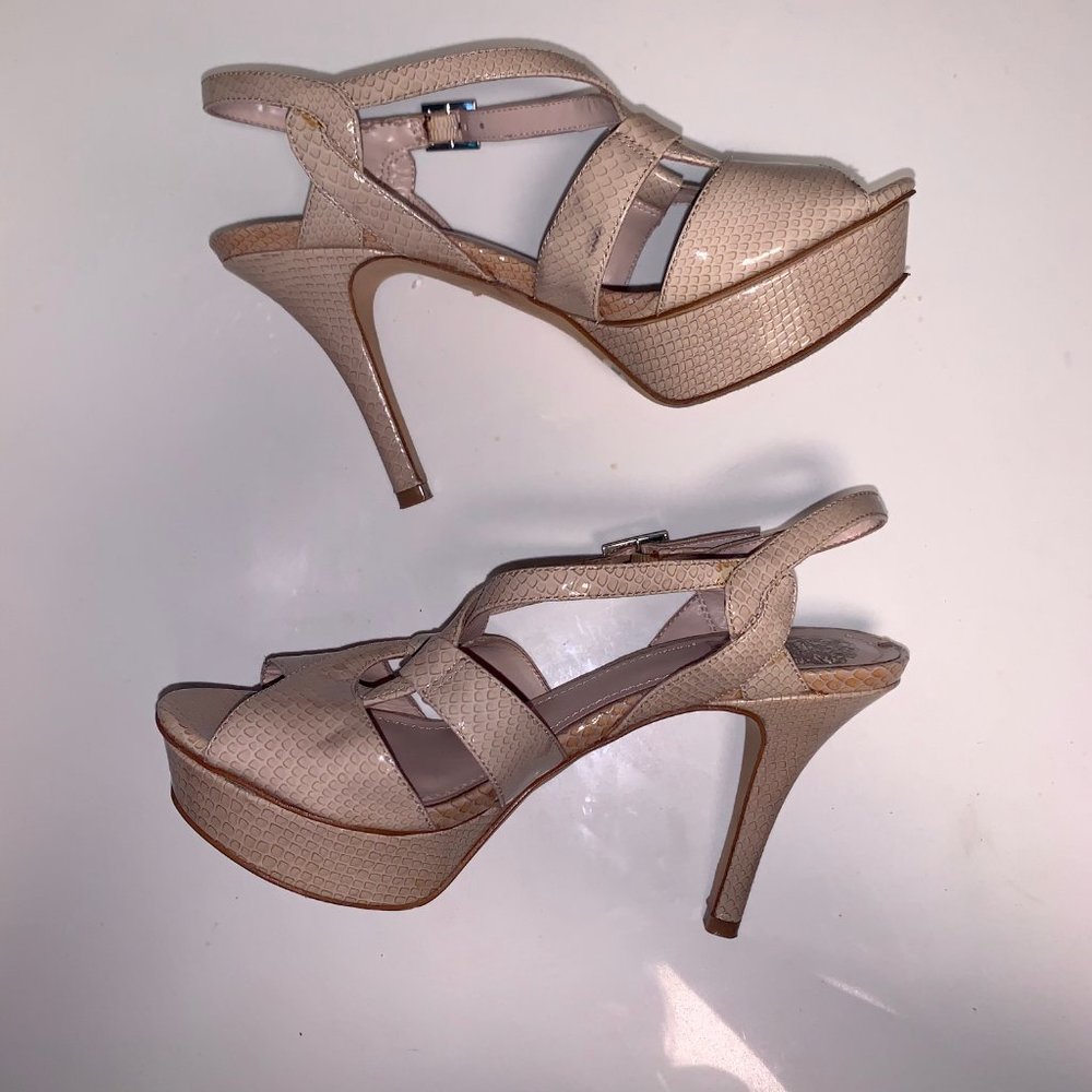 Vince Camuto Nude Snakeskin Ankle Strap Heels